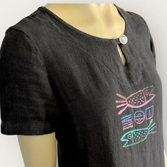 Blue Cactus Vintage 100% Linen Short Sleeve Hand Paint Shift Dress Size PS Black - Picture 7 of 15
